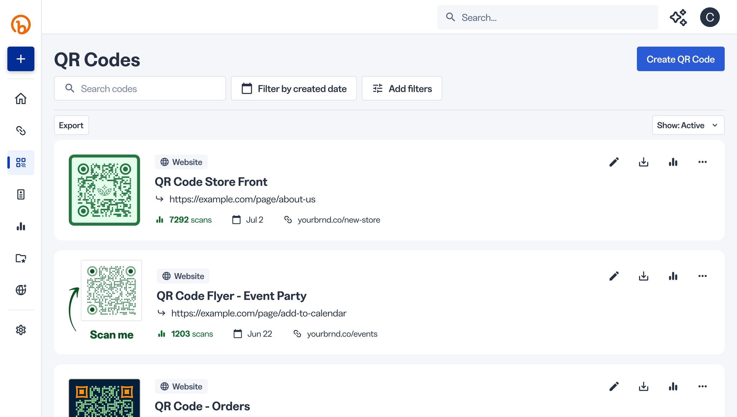 Capture officielle Bitly montrant une interface QR Codes.