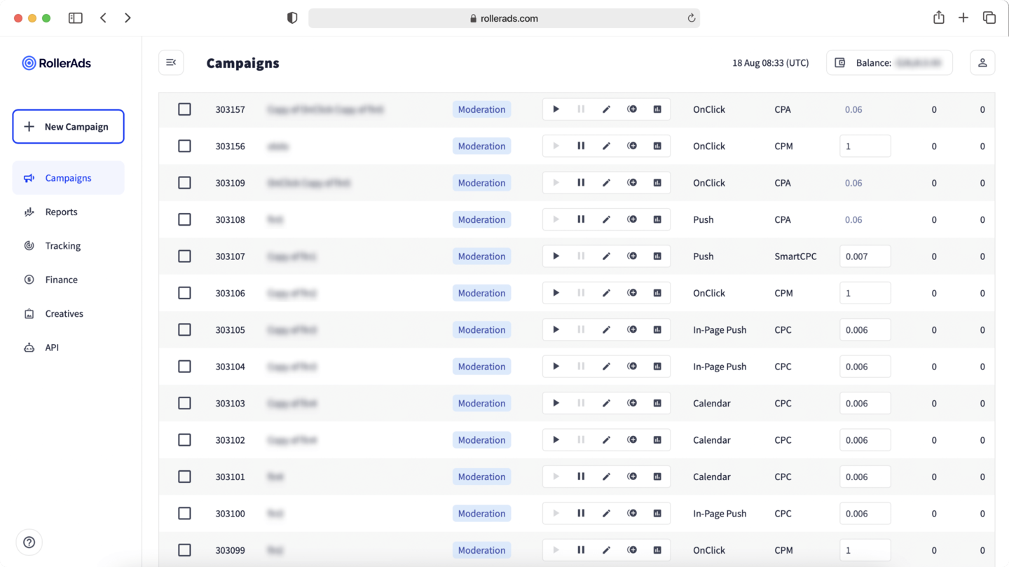 Capture officielle RollerAds montrant les outils de campagne.